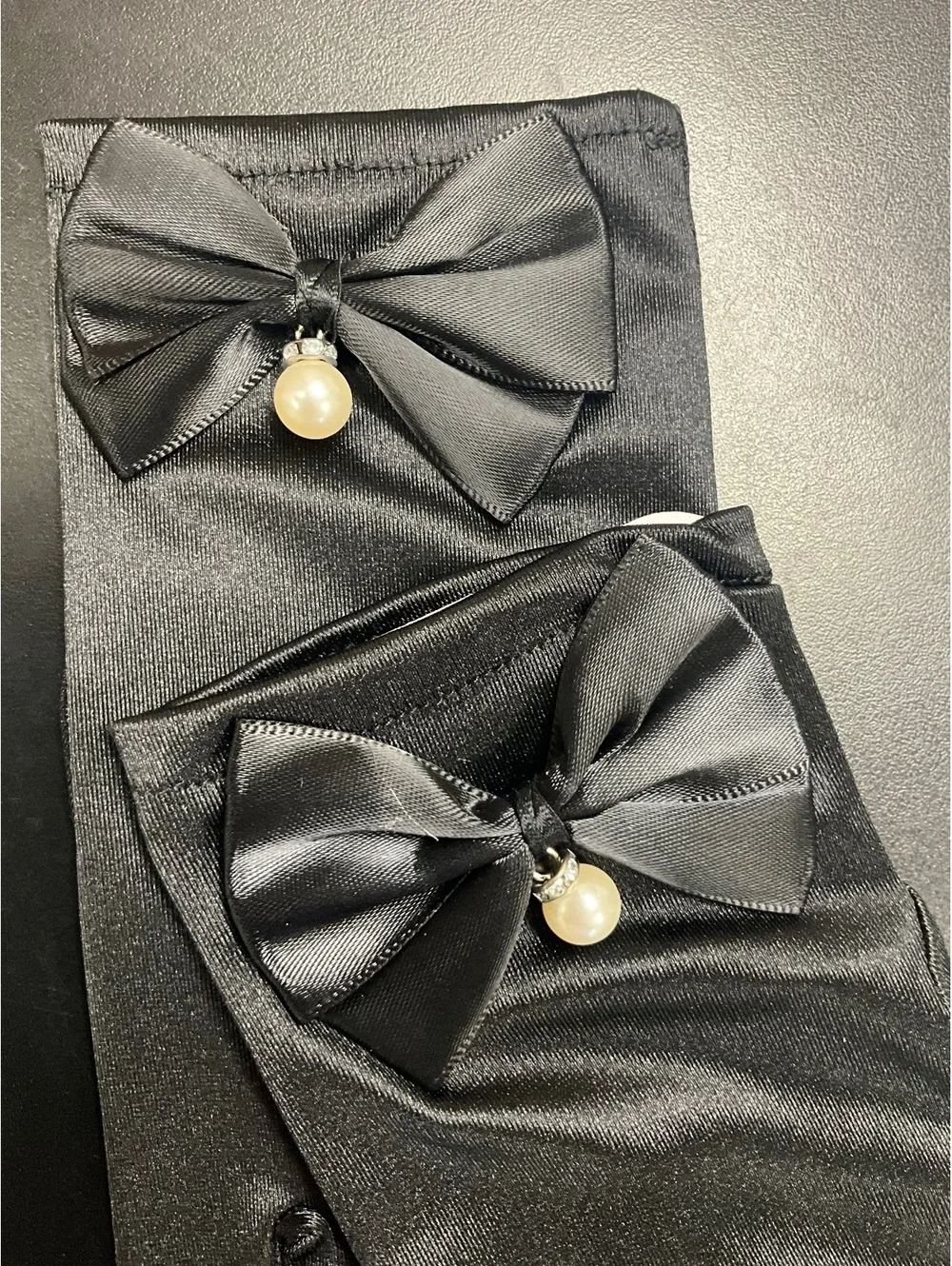 Black Satin Formal Wrist Length Gloves with Bow Pearl Drop NWT